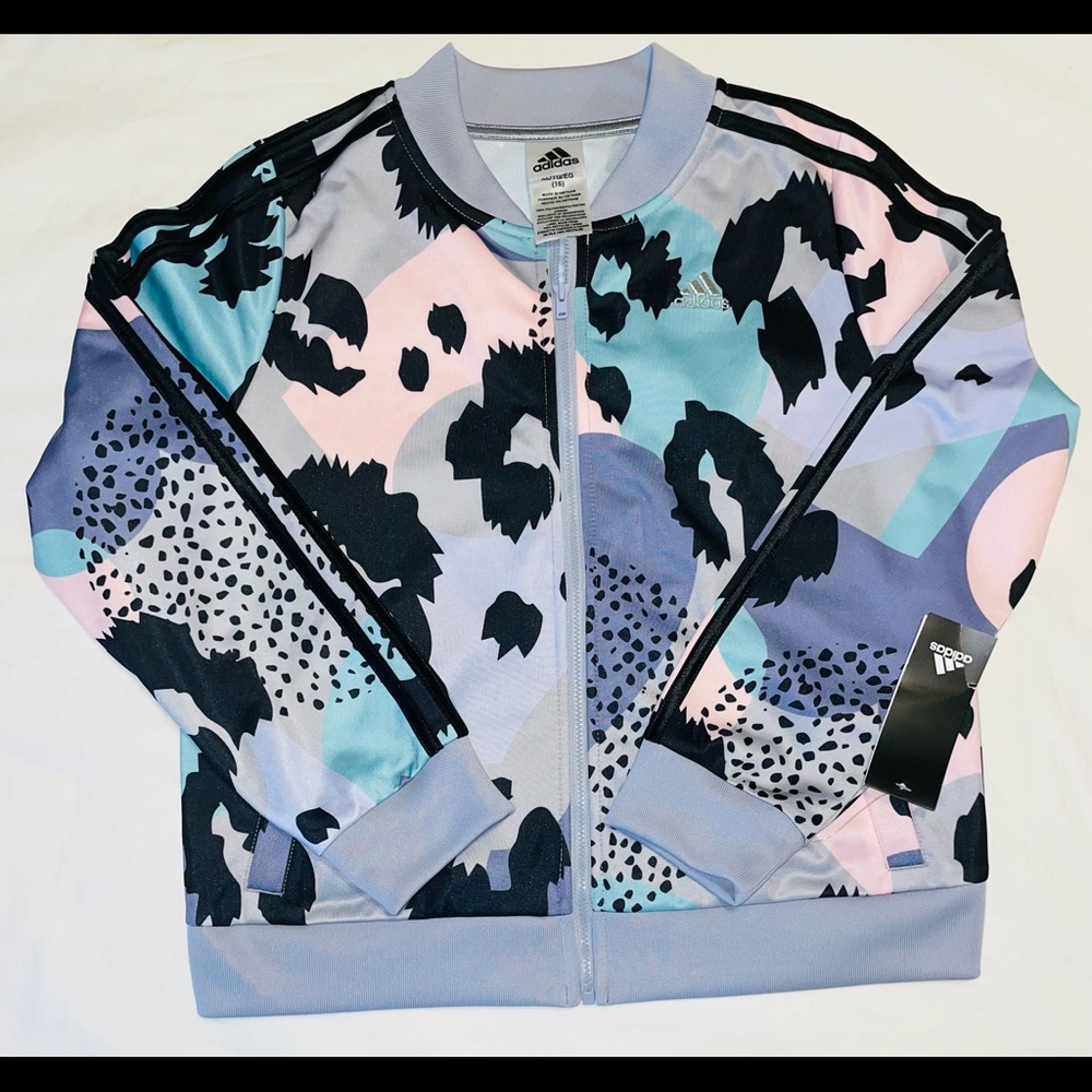NWT- Adidas Girl Zip Front Allover Print Tricot Jacket Sz XL Multicolor